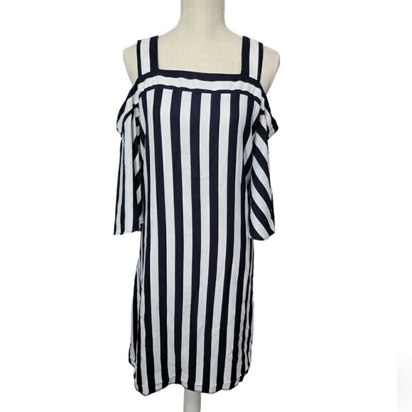 just taylor dress Sz 14 Blue Stripped  Sheath Flowing Chic Off Shoulder - Picture 1 of 10